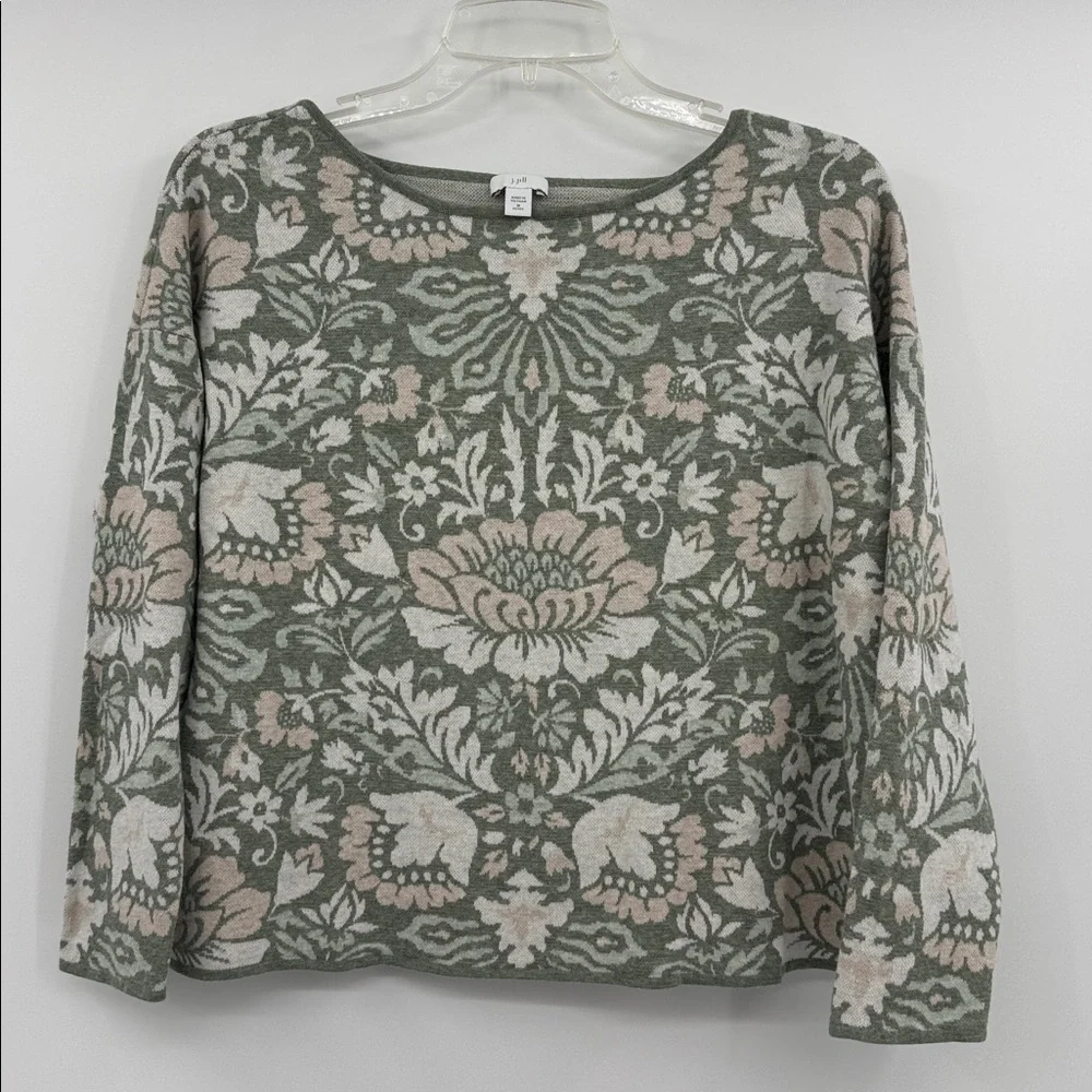 J. Jill Large Petite Sweater Green Floral Damascus 100% Cotton size medium